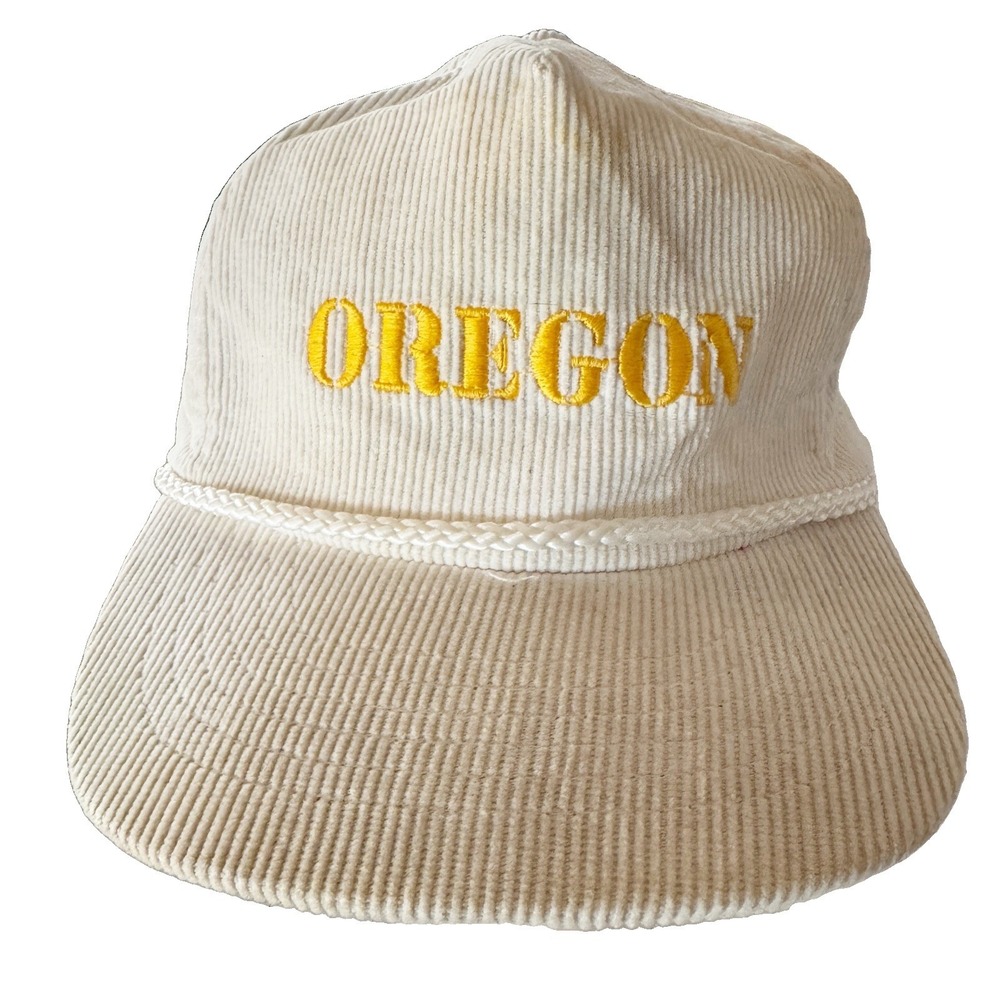 Vintage 80s Cream White Corduroy Trucker Hat Yellow OREGON Braided Rope Trim